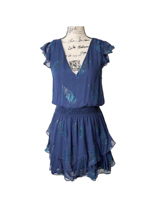 Ramy Brook Dresses & Skirts - Ramy Brook Womens XS Silk Mini Dress Blue Metallic Feather Print Chiffon Ruffle